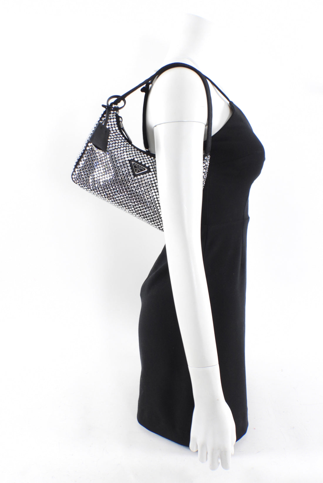 Prada Black and Clear Crystal Embellished Re-Edition Mini Hobo Bag