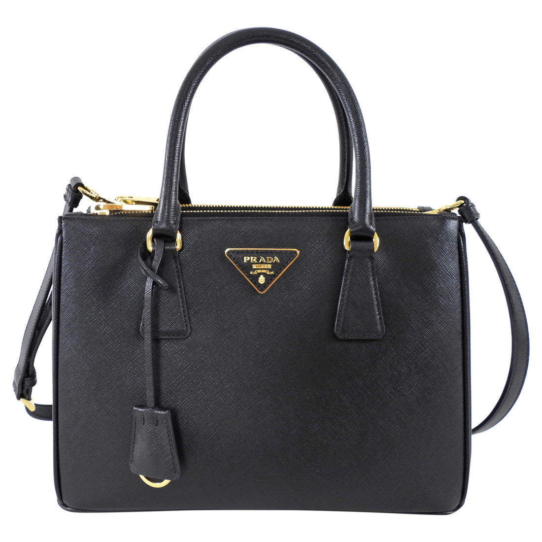 Prada Small Black Saffiano Leather Double Zip Galleria Tote Bag
