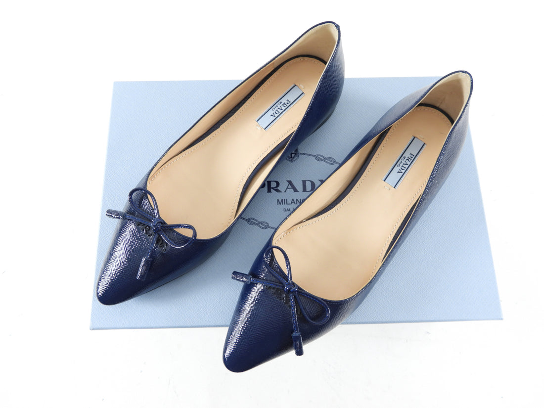 Prada Saffiano Leather Navy Blue Flat Shoes - 36