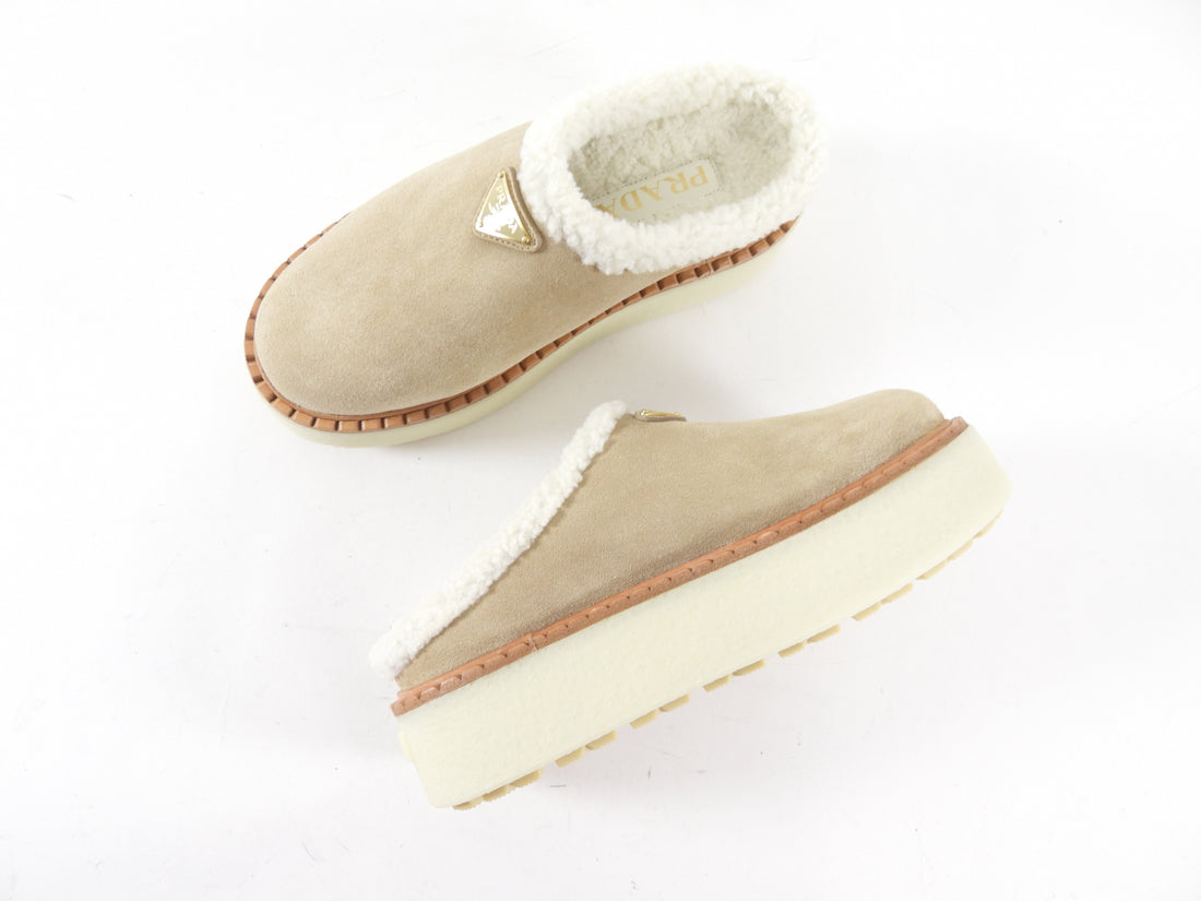 Prada Beige Suede Shearling Platform Mules - 37 / 7