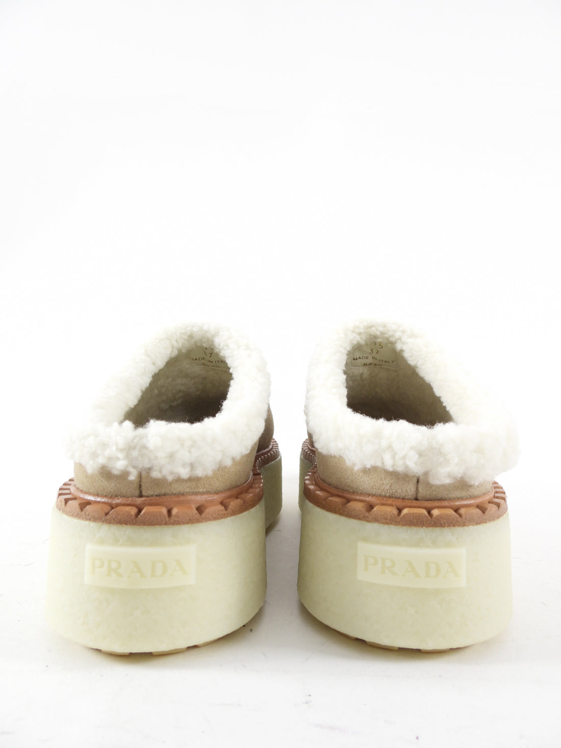 Prada Beige Suede Shearling Platform Mules - 37 / 7