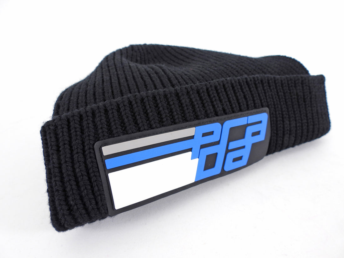 Prada 2018 Blue Rubber Logo Patch Black Wool Beanie - XS