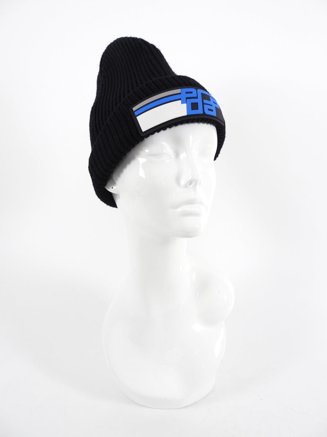 Prada 2018 Blue Rubber Logo Patch Black Wool Beanie - XS