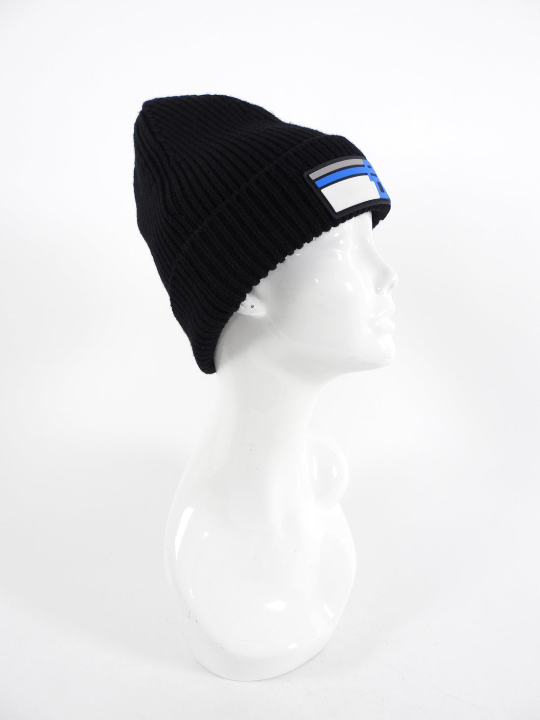 Prada 2018 Blue Rubber Logo Patch Black Wool Beanie - XS