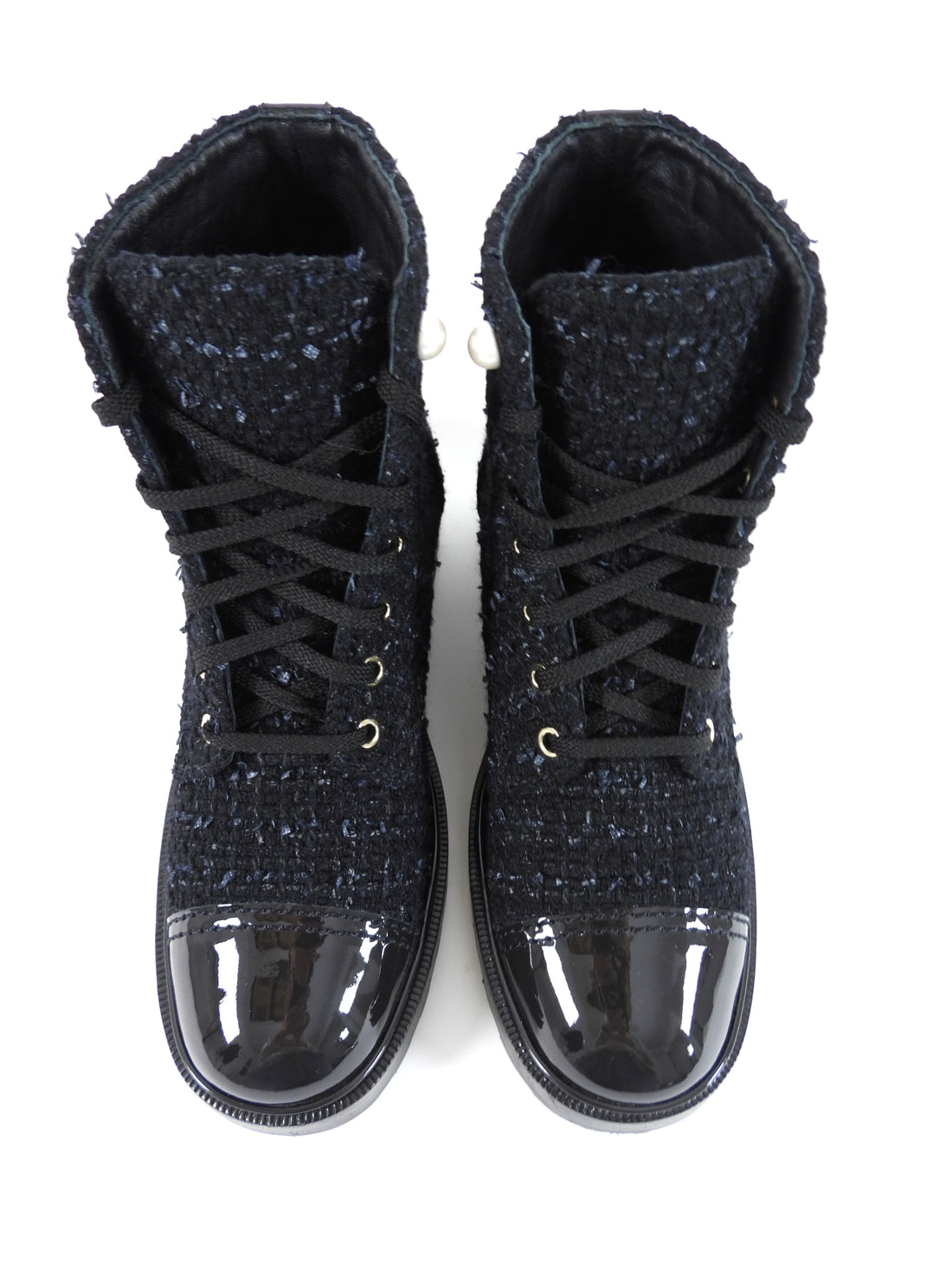 Chanel Black Tweed CC Pearl Cap Toe Lace Up Ankle Boots - 40C