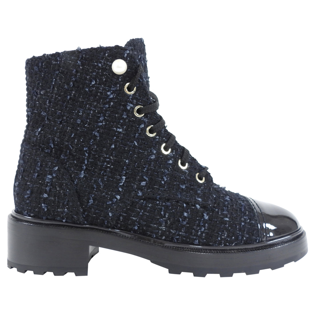 Chanel Black Tweed CC Pearl Cap Toe Lace Up Ankle Boots - 40C