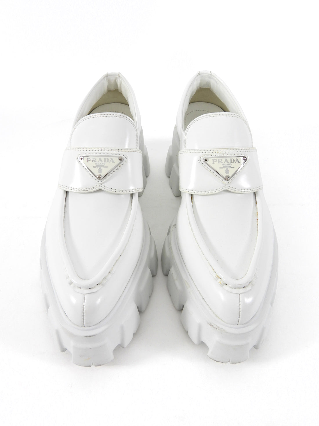 Prada White Pointed Monolith Platform Loafers - 38