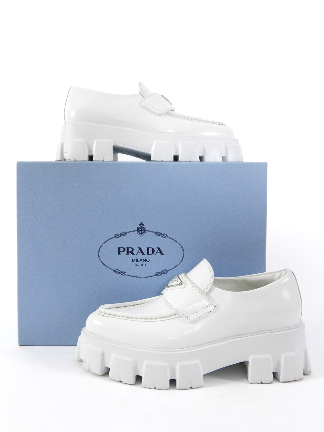 Prada White Pointed Monolith Platform Loafers - 38