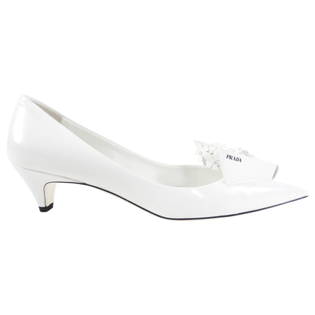 Prada White Brushed Leather Floral Applique Pumps - 42