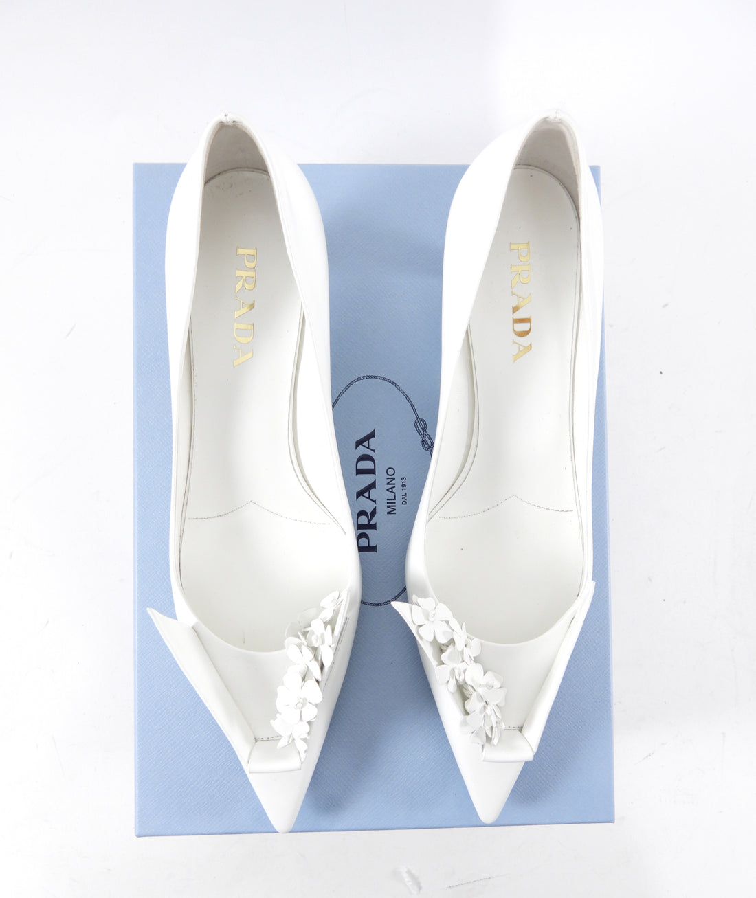 Prada White Brushed Leather Floral Applique Pumps - 42