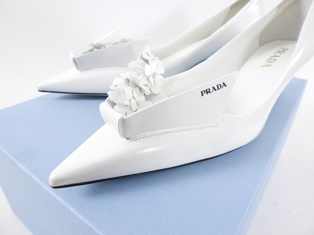 Prada White Brushed Leather Floral Applique Pumps - 42