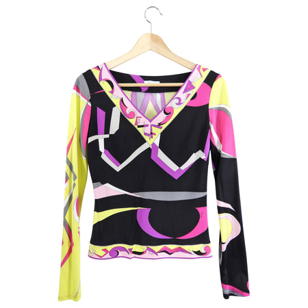 Emilio Pucci Silk Jersey Lime Pink Black Long Sleeve Top - IT42 / S / 4/ 6