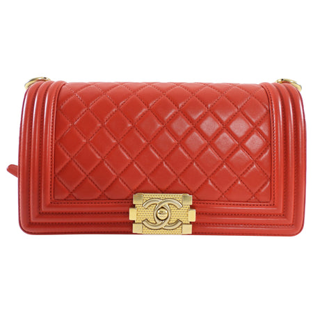 Chanel Red Quilted Lambskin Leather Medium Le Boy Bag GHW