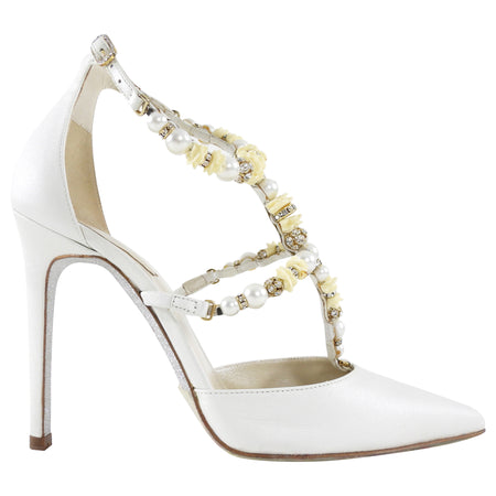 Rene Caovilla White Satin Leather Crystal Pearl Bead Heels - 36.5