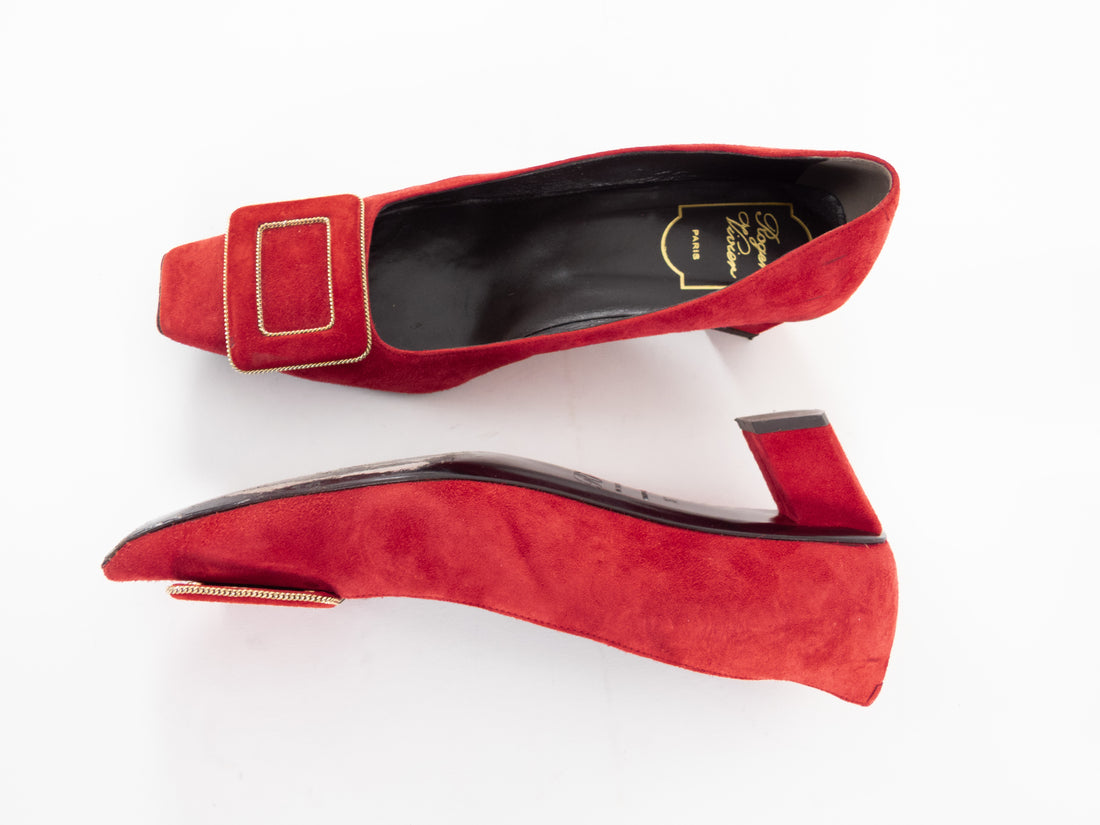 Roger Vivier Red Suede Belle Vivier Mini Chain Trim Block Heel Pumps - 37