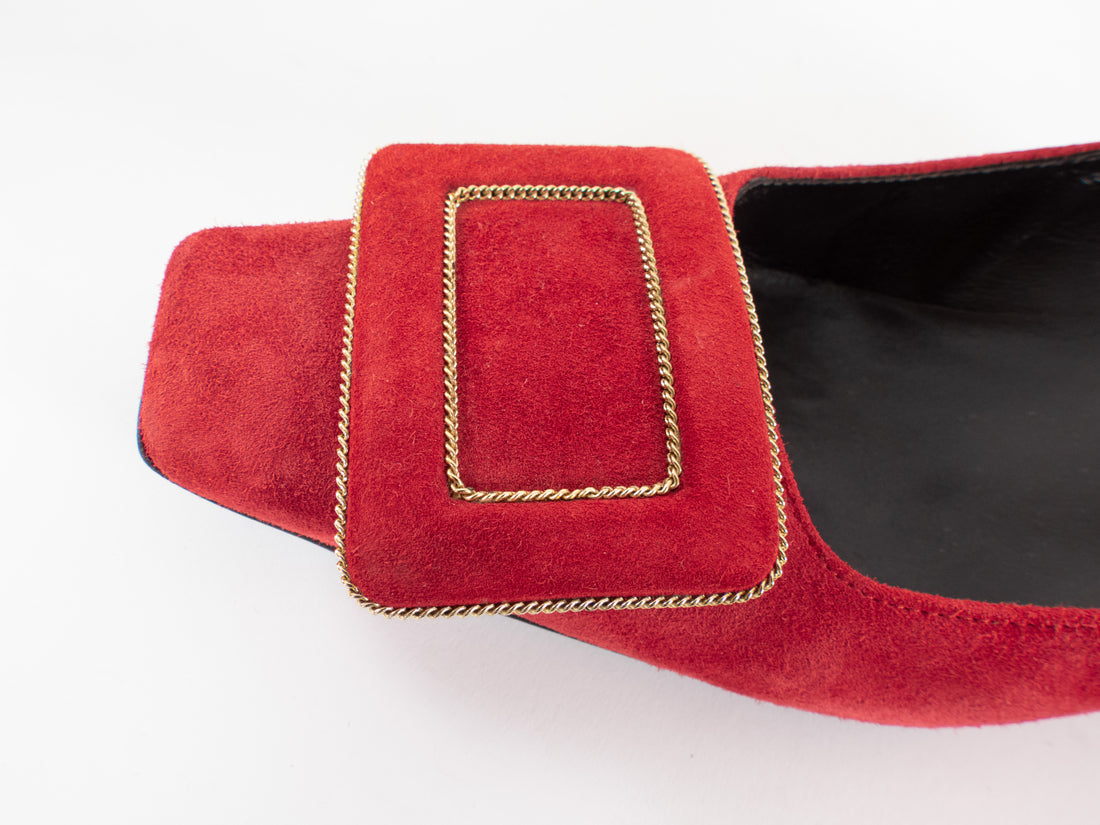 Roger Vivier Red Suede Belle Vivier Mini Chain Trim Block Heel Pumps - 37