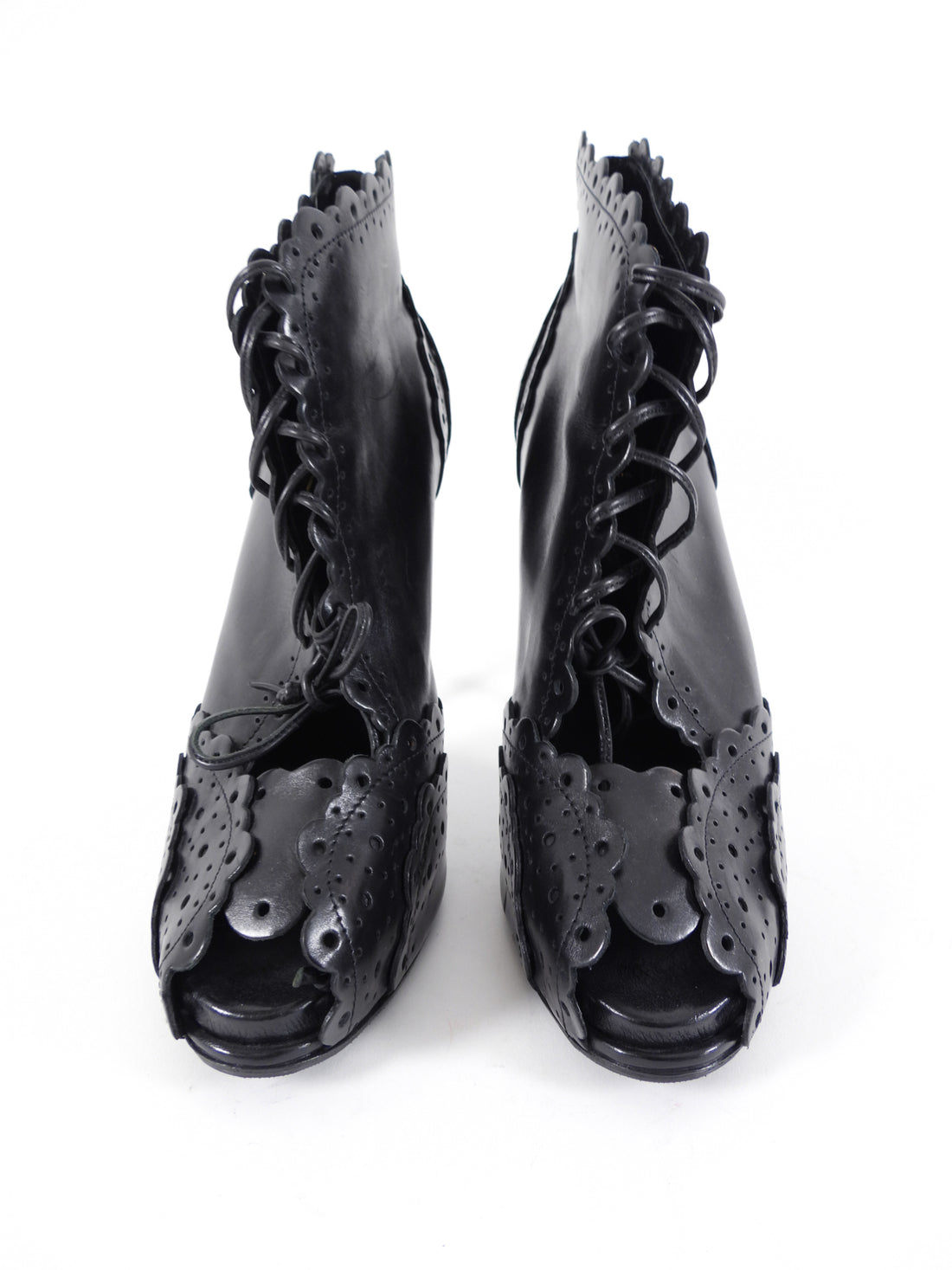 Roger Vivier Black Leather Lace Up Peep Brogue Heels - 41