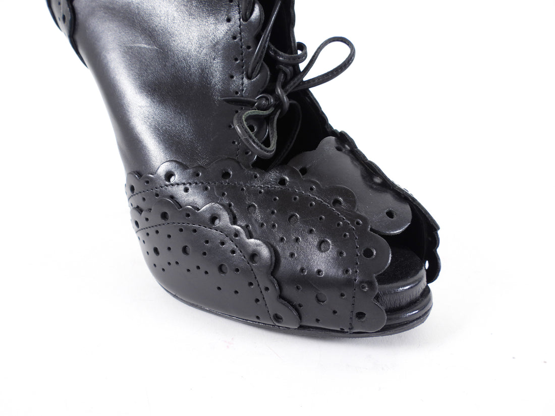 Roger Vivier Black Leather Lace Up Peep Brogue Heels - 41
