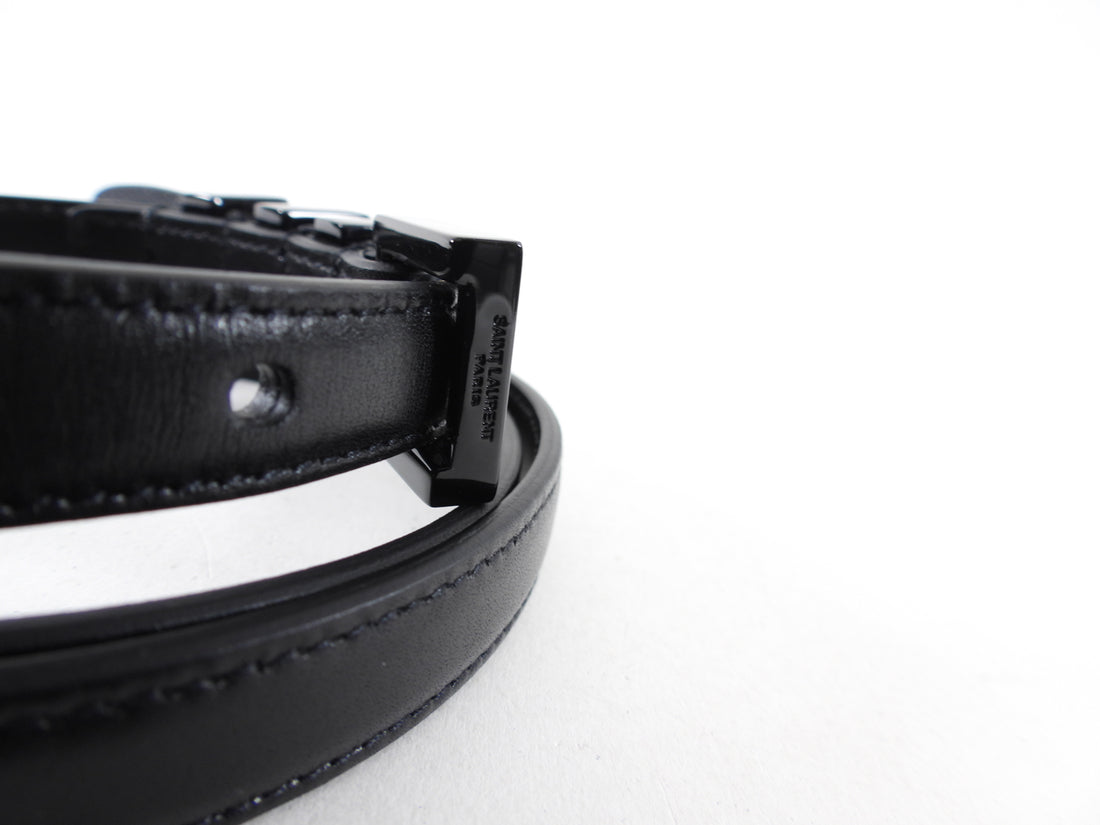 Saint Laurent Black Leather Enamel Buckle Skinny Belt - 33-37"