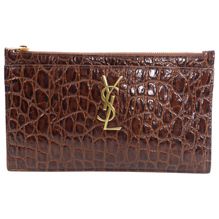 Saint Laurent Brown Croc Embossed Zipper Bill Pouch