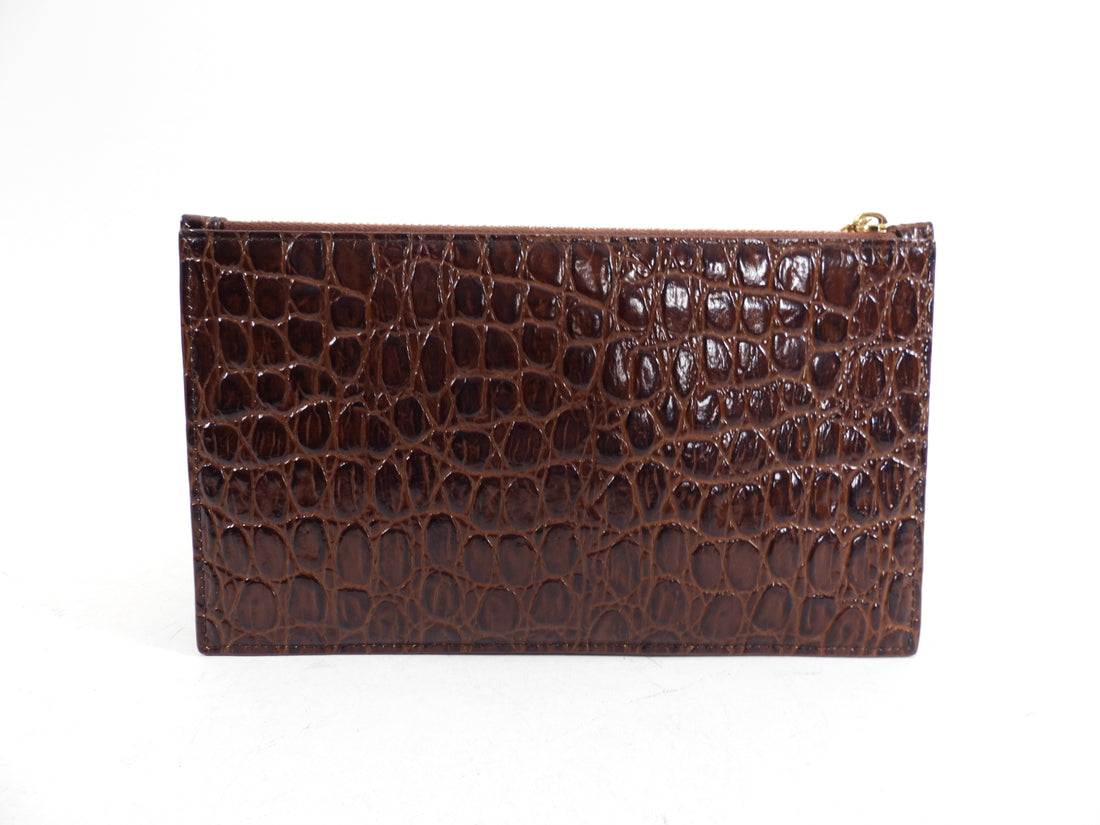 Saint Laurent Brown Croc Embossed Zipper Bill Pouch