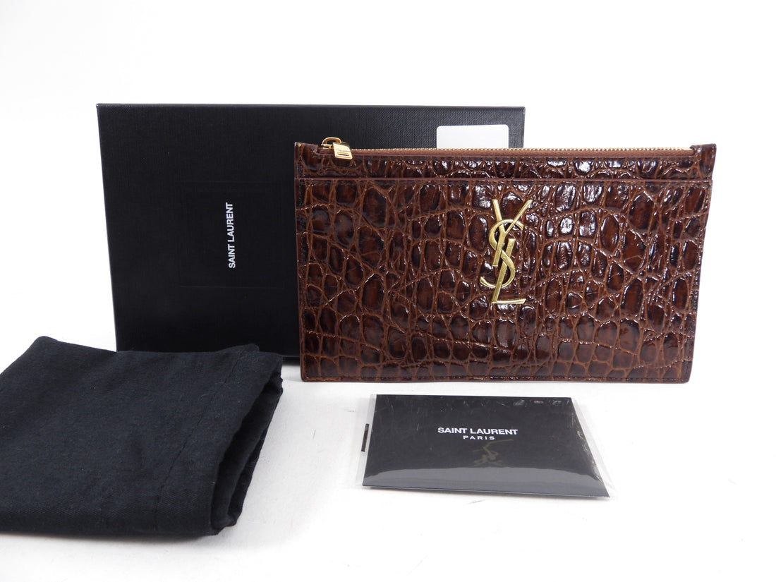 Saint Laurent Brown Croc Embossed Zipper Bill Pouch