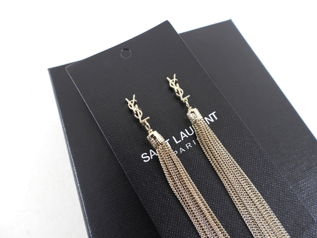 Saint Laurent Light Goldtone YSL Logo Tassel Fringe Earrings