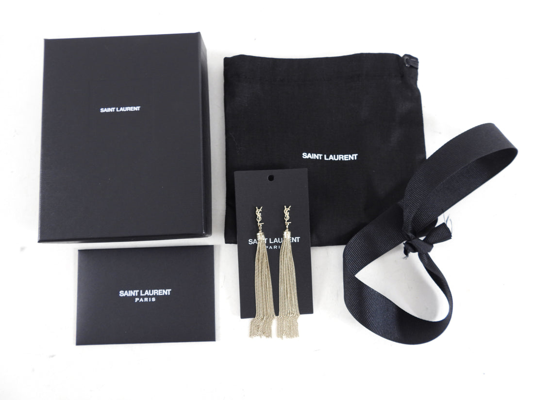 Saint Laurent Light Goldtone YSL Logo Tassel Fringe Earrings