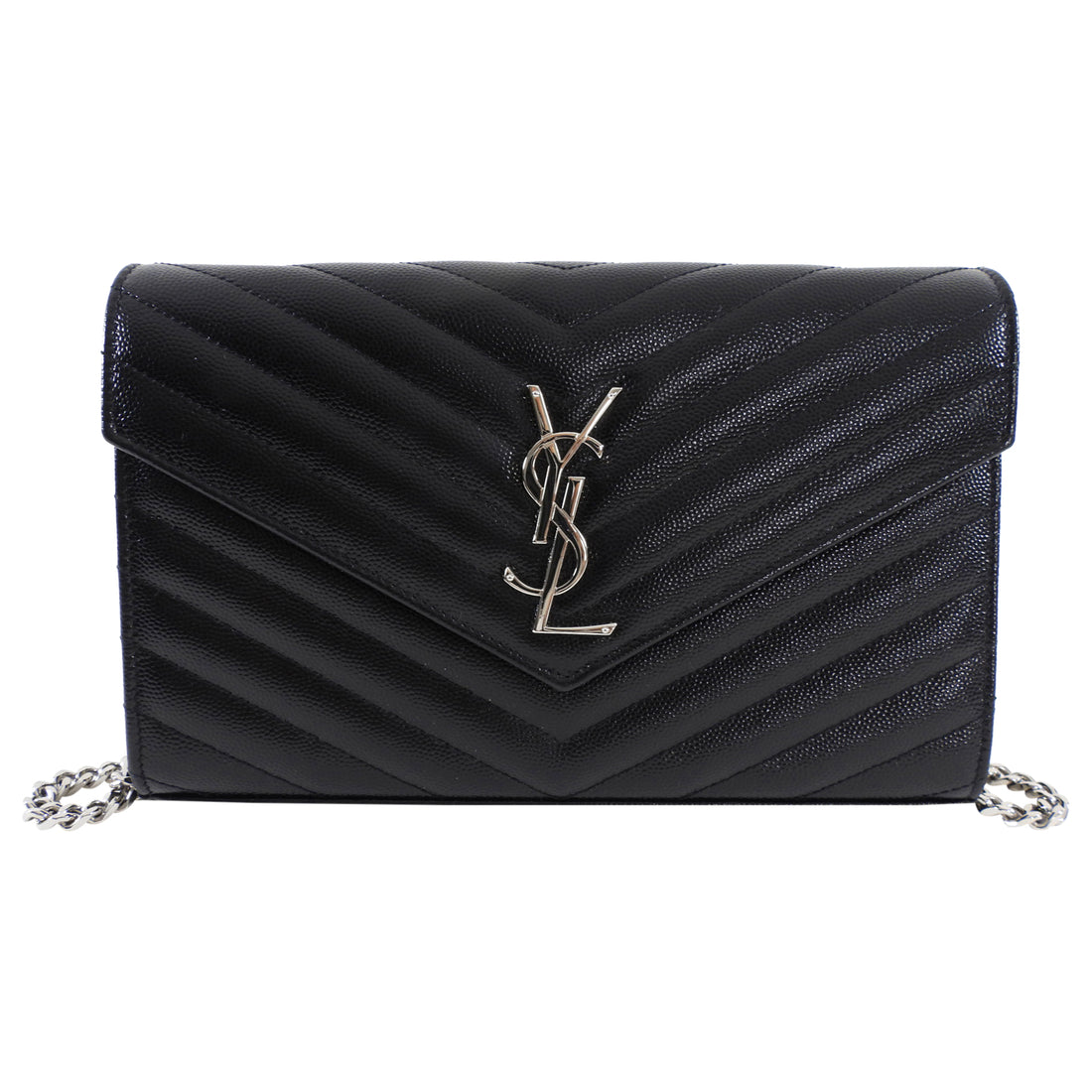 Saint Laurent Black Chevron Small Envelope Wallet on Chain Flap Bag