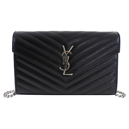 Saint Laurent Black Chevron Small Envelope Wallet on Chain Flap Bag