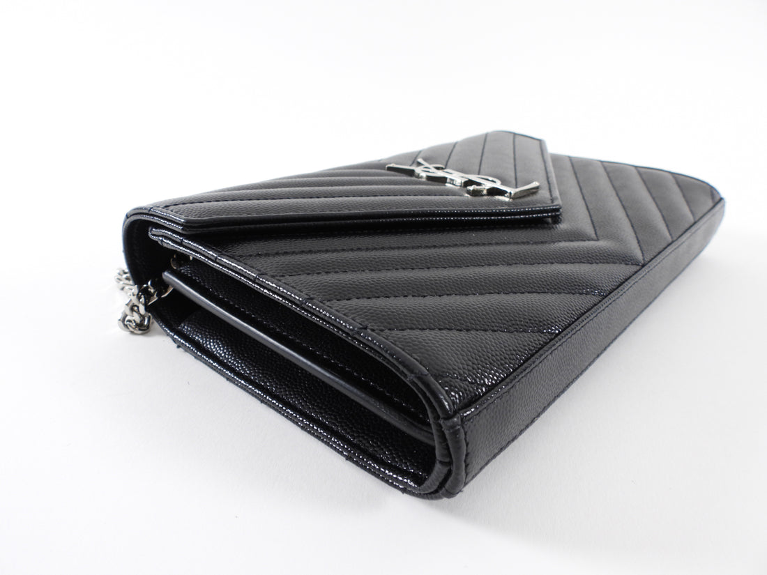 Saint Laurent Black Chevron Small Envelope Wallet on Chain Flap Bag