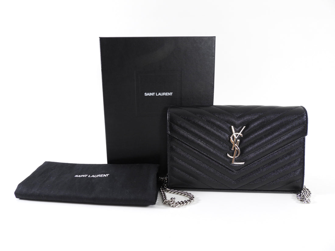 Saint Laurent Black Chevron Small Envelope Wallet on Chain Flap Bag
