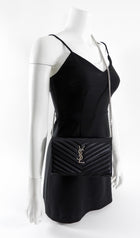 Saint Laurent Black Chevron Small Envelope Wallet on Chain Flap Bag