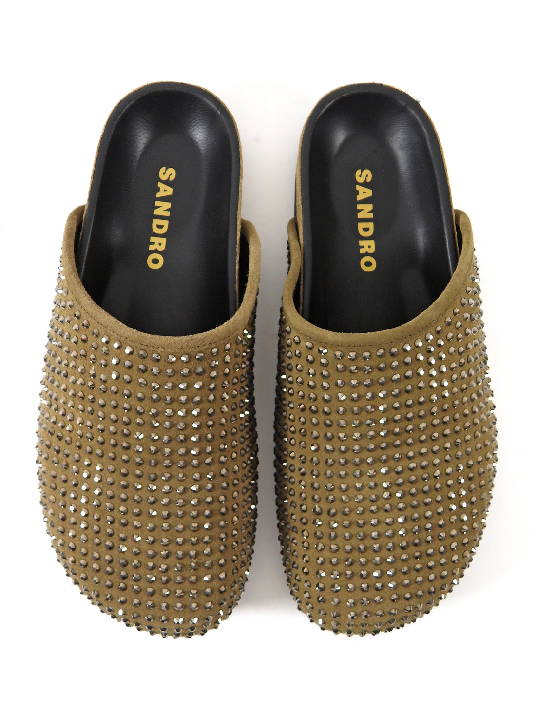 Sandro Khaki Brown Rhinestone Embellished Suede Elypsee Rhinestone-Embellished Clog Mules - 37