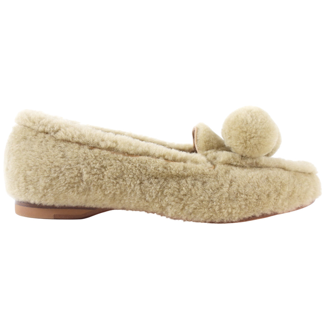 Santoni Camel Shearling Pom Pom Loafers - 36.5