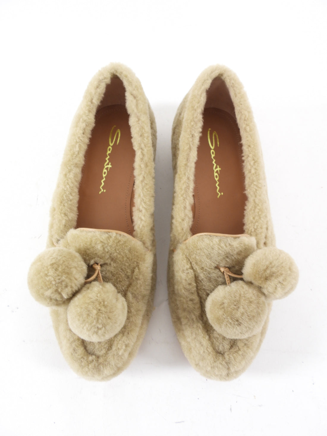 Santoni Camel Shearling Pom Pom Loafers - 36.5