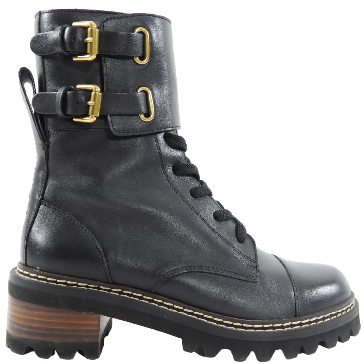 See by Chloe Black Leather Mallory Combat Boots - 37