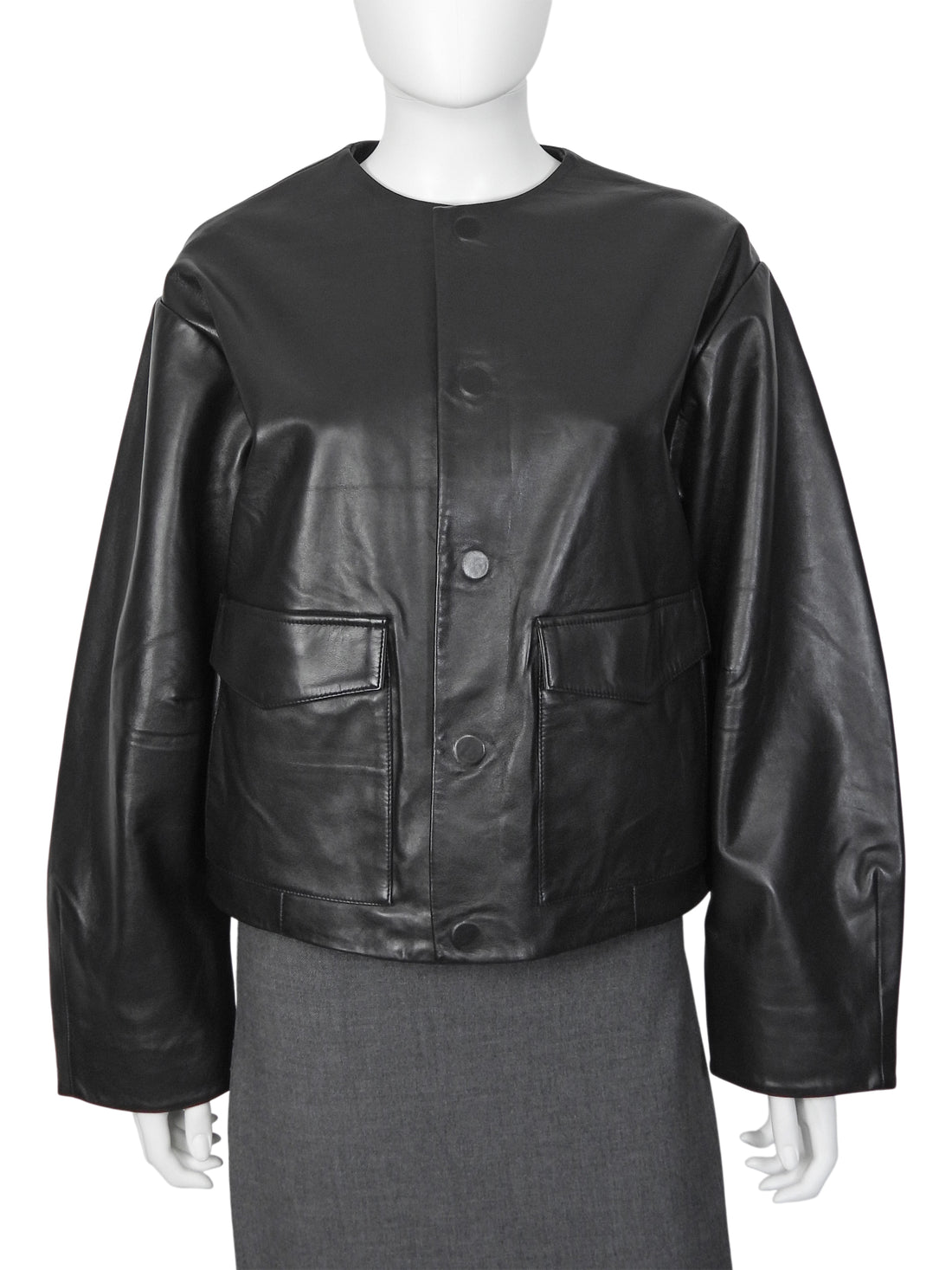 St Agni Black Collarless Leather Jacket Magnetic Closure - S
