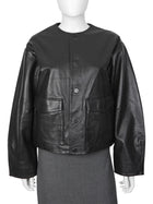 St Agni Black Collarless Leather Jacket Magnetic Closure - S
