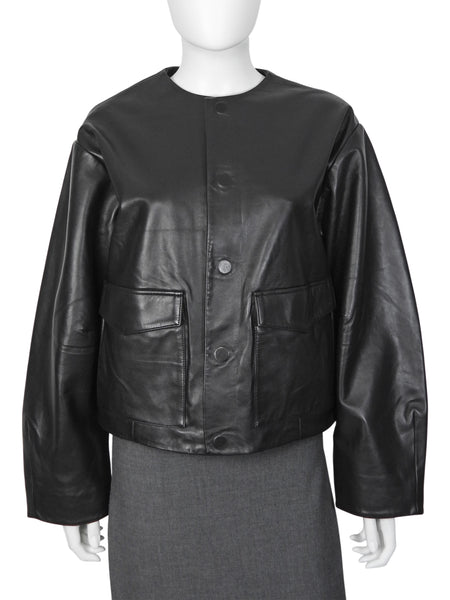 St Agni Black Collarless Leather Jacket Magnetic Closure - S