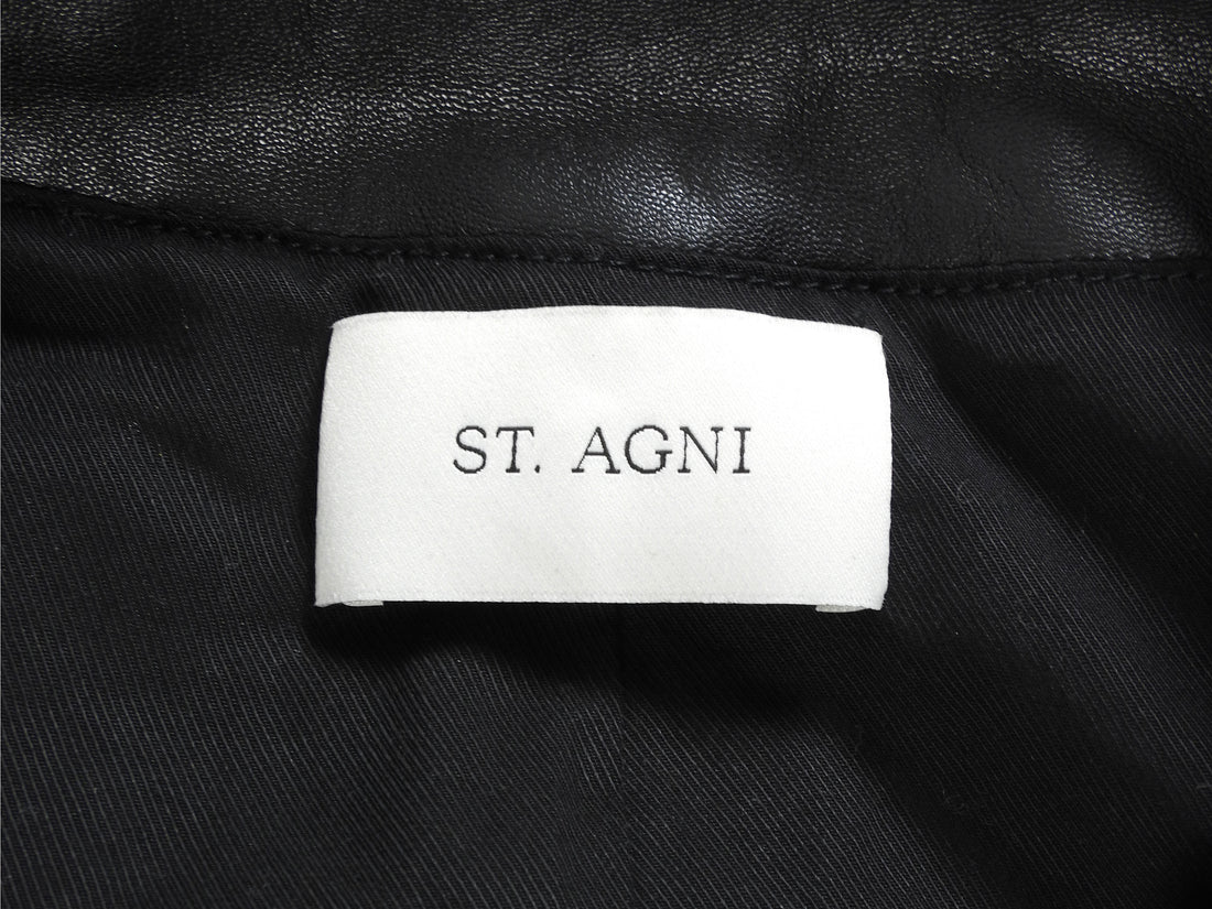 St Agni Black Collarless Leather Jacket Magnetic Closure - S