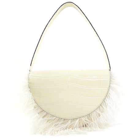 Staud Ivory Faux Embossed Half Moon Shoulder Bag with Feather Trim