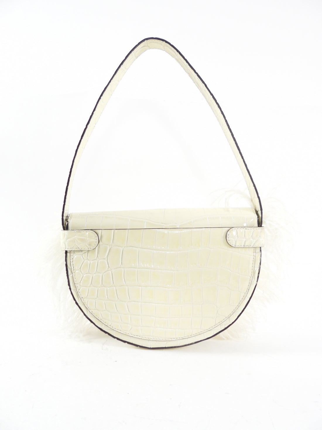Staud Ivory Faux Embossed Half Moon Shoulder Bag with Feather Trim