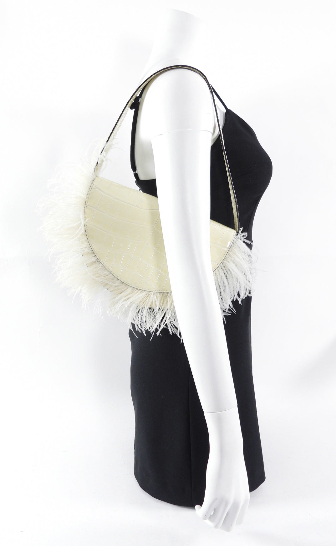 Staud Ivory Faux Embossed Half Moon Shoulder Bag with Feather Trim