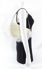 Staud Ivory Faux Embossed Half Moon Shoulder Bag with Feather Trim