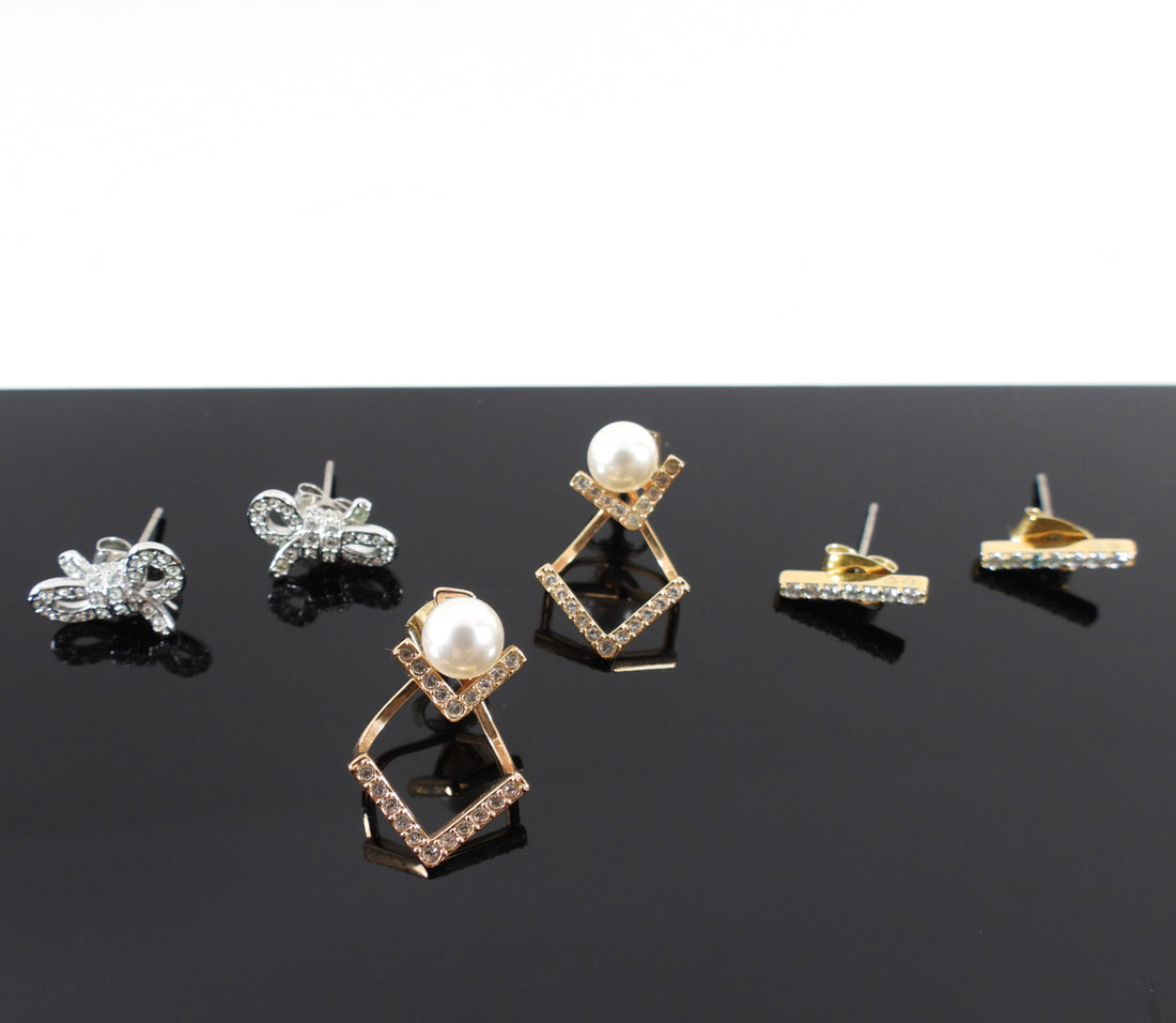 Swarovski Crsytal / Pearl Stud Earrings - 3 Pairs