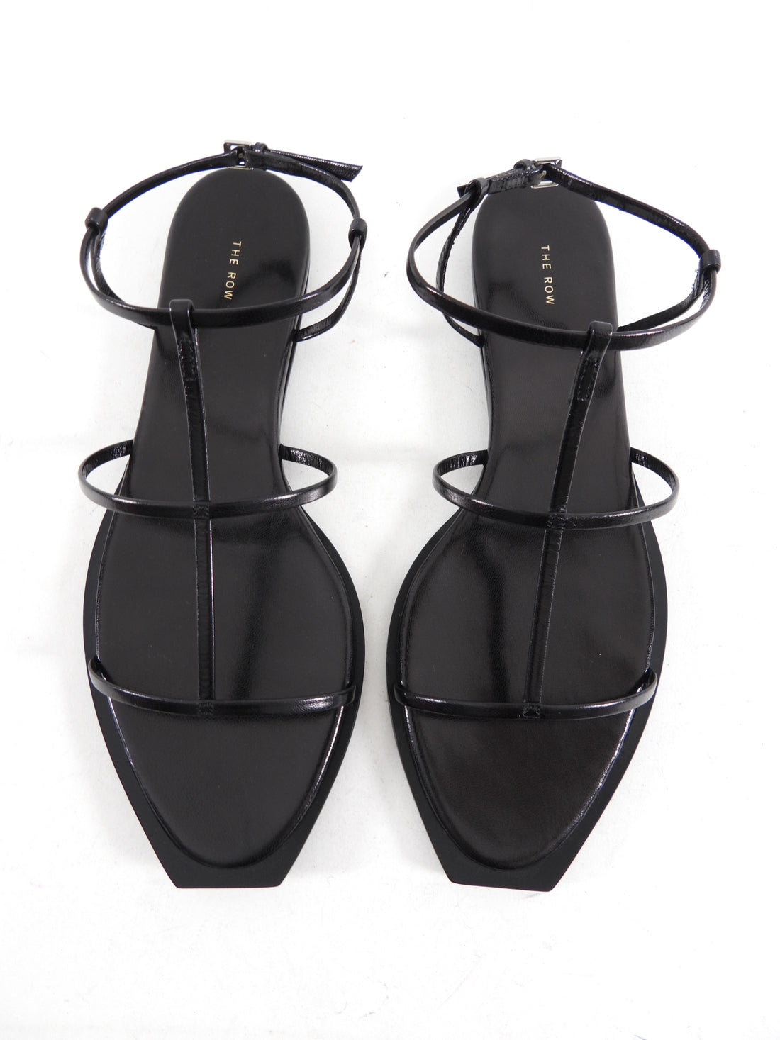 The Row Black Strappy Leather T Bar Flat Sandals - 37 / 7