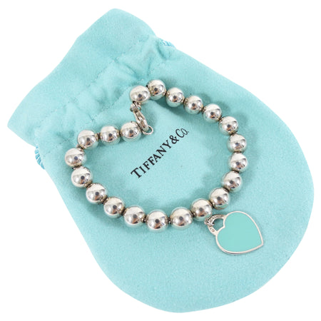 Tiffany & Co. Sterling Silver 8mm Bead Bracelet with Blue Heart