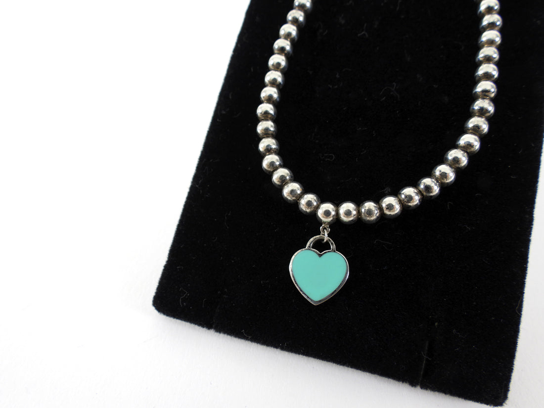 Tiffany & Co. Blue Heart Sterling Silver Bead Charm Bracelet