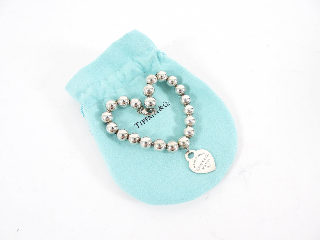 Tiffany & Co. Sterling Silver 8mm Bead Bracelet with Blue Heart